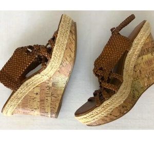STEVE MADDEN GIRL Wedge Sandals Cork Brown Braided Straps Raffia 8.5
